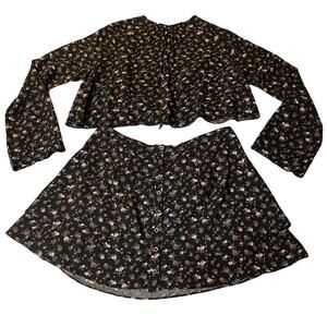 Free People Set Black Floral Long Sleeve Top Mini Ruffle Skirt Small Cottagecore
